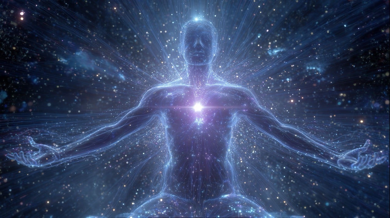 Ethereal cosmic human figure with divine light rays